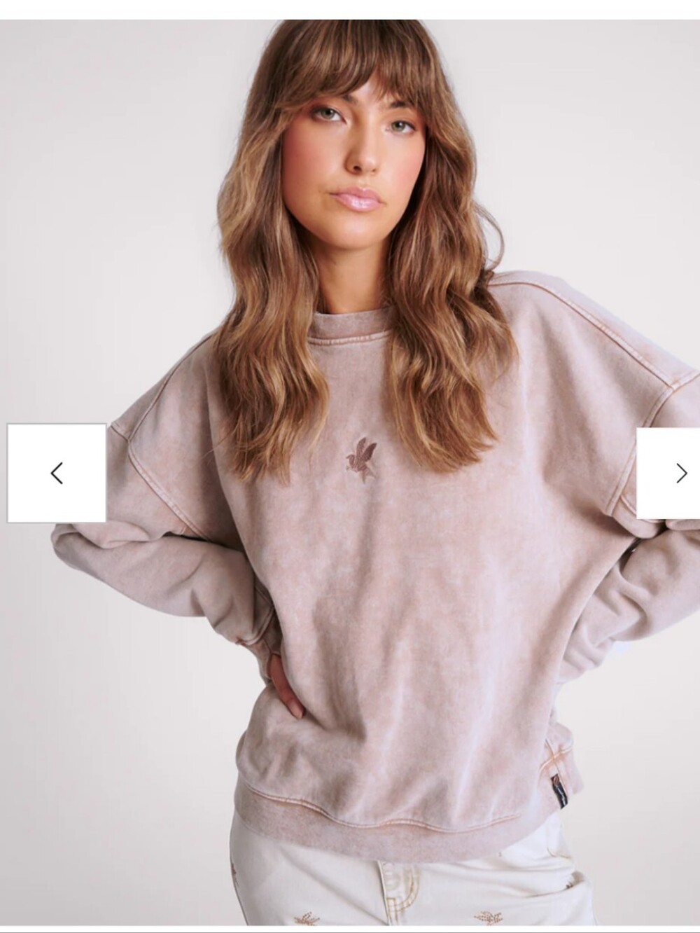 One Teaspoon Retro Crewneck Sweatshirt Bower Bird Pigment Dyed Muted Neutral